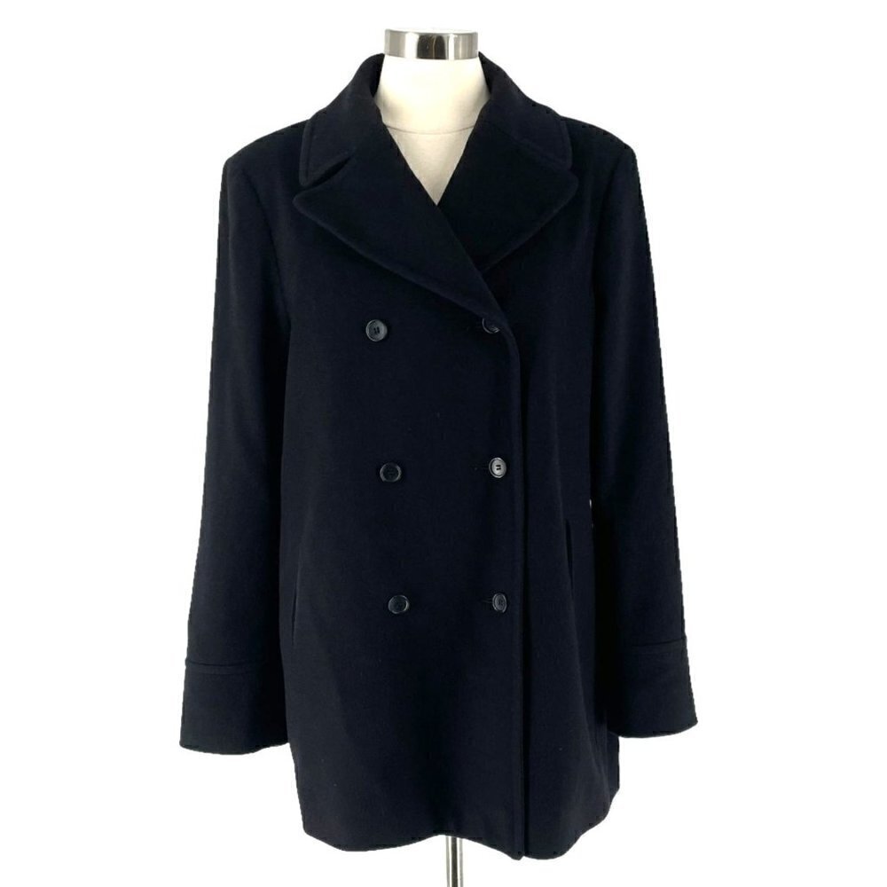 Brooks Brothers Vintage Wool Black Double Breasted Pea Coat Made USA Women's L